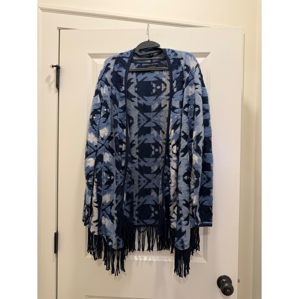 Lucky Brand Blue Aztec Fringe Open Front Cardigan Sweater Western Boho Large